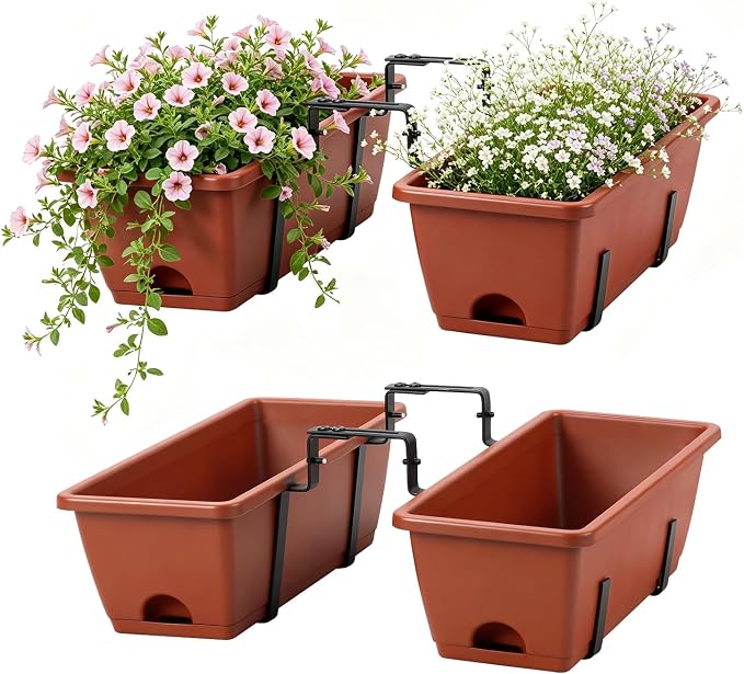 Deck Railing Planter Adjustable Window Box Set of 2 Outdoor Balcony Herb Planter Boxes with Window Plant Hanger, 17 Inch Plastic Hanging Flower Basket Planting Pots for Porch Fence Patio Decor, Red