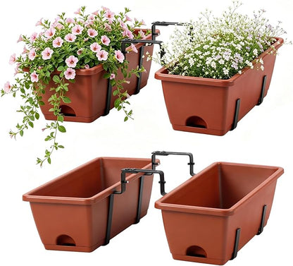 Deck Railing Planter Adjustable Window Box Set of 2 Outdoor Balcony Herb Planter Boxes with Window Plant Hanger, 17 Inch Plastic Hanging Flower Basket Planting Pots for Porch Fence Patio Decor, Red