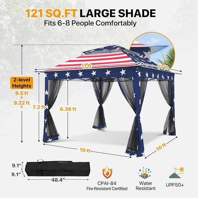 COOS BAY 11x11 Pop Up Gazebo with Mesh Netting, Instant Outdoor Canopy Tent, Water Resistant Shelter with UPF 50+ UV Protection, 121 Sq Ft Coverage, American Flag