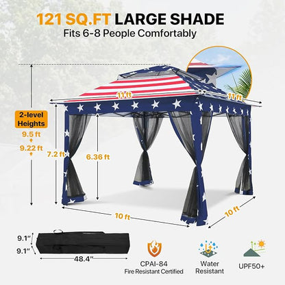 COOS BAY 11x11 Pop Up Gazebo with Mesh Netting, Instant Outdoor Canopy Tent, Water Resistant Shelter with UPF 50+ UV Protection, 121 Sq Ft Coverage, American Flag