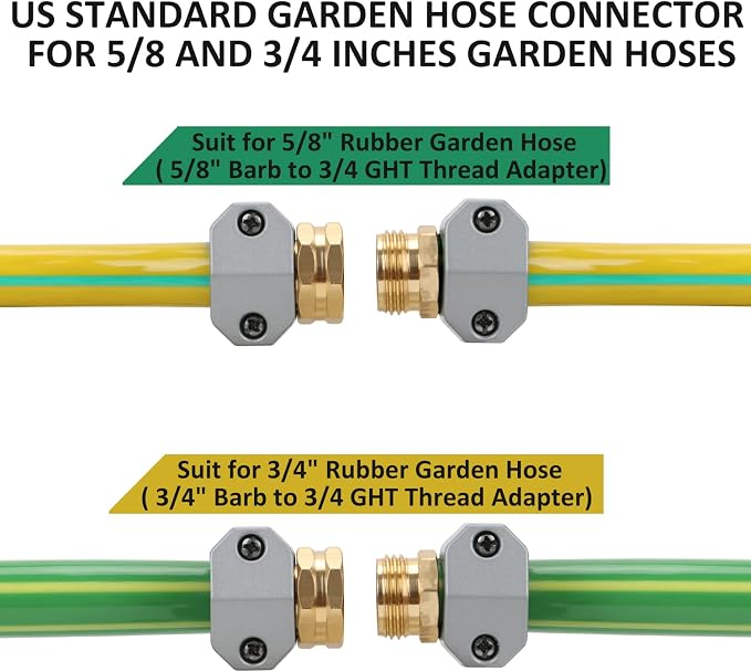 STYDDI Garden Hose Repair Connector Fitting, Aluminum Mender Female and Male Hose End Connector with Zinc Clamp, Fit 5/8-Inch and 3/4-Inch Garden Hose, 2 Sets