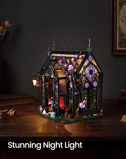 Gothic Greenhouse Building Set with Lights, Architecture Model with Stained Glass & Rose Vines, Botanical Garden Display with Flowers & Plants, Gothic Decor Building Blocks Gift for Adults 1378 Pieces