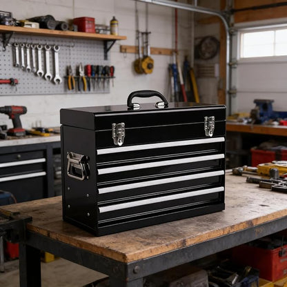 4 Drawers Metal Tool Box, 21'' Portable Metal Tool Box with EVA Liners & Auto-Locking Mechanism, Heavy Duty Steel Tool Chest with Ball-Bearing Drawer Slides & Convenient Top Handle, Black