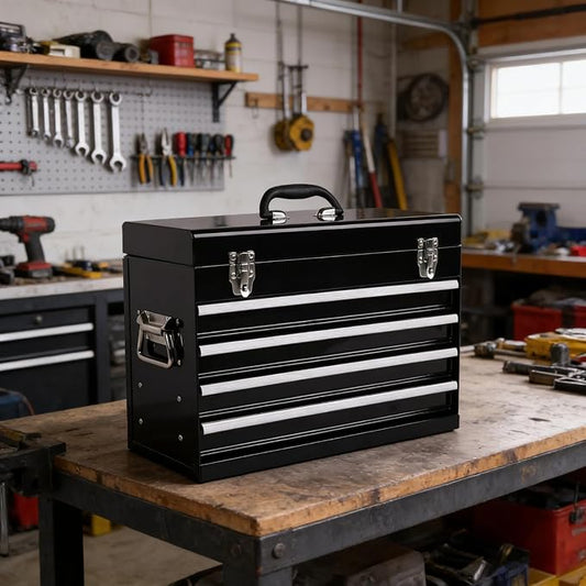 4 Drawers Metal Tool Box, 21'' Portable Metal Tool Box with EVA Liners & Auto-Locking Mechanism, Heavy Duty Steel Tool Chest with Ball-Bearing Drawer Slides & Convenient Top Handle, Black