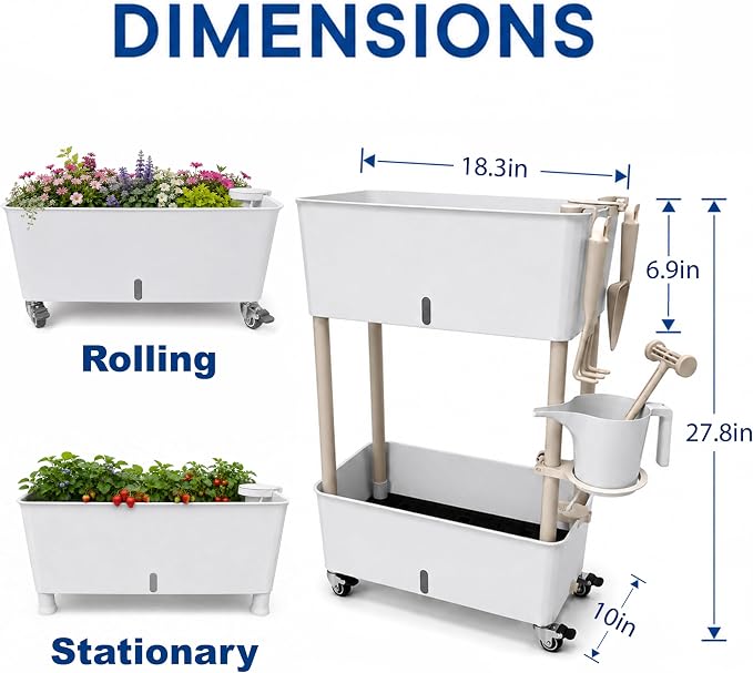 2-Tier 27.8"H Rolling Raised Garden Bed with Wheels, Self Watering Planter Box with Visible Water Level, Gray Rustproof Plastic Herb & Strawberry Planter for Indoor Outdoor Vegetables Flowers, DIY Kit