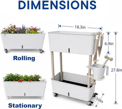 2-Tier 27.8"H Rolling Raised Garden Bed with Wheels, Self Watering Planter Box with Visible Water Level, Gray Rustproof Plastic Herb & Strawberry Planter for Indoor Outdoor Vegetables Flowers, DIY Kit