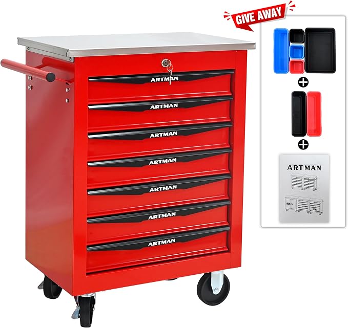 KEIKI 7 Drawers Tool Cart on Wheels,Multifunctional Rolling Tool Chest Tool Storage,Drawers Rolling Tool Trolley Organizer Tool Case for Garage, Warehouse, Workshop, Repair Shop (Red)