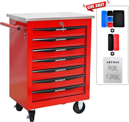 KEIKI 7 Drawers Tool Cart on Wheels,Multifunctional Rolling Tool Chest Tool Storage,Drawers Rolling Tool Trolley Organizer Tool Case for Garage, Warehouse, Workshop, Repair Shop (Red)