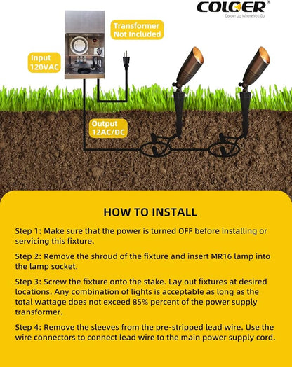 COLOER Brass Landscape Spotlights, 12 Pack Landscape Light Fixture with 5W Aluminum Housing MR16 LED Bulb 2700K 450LM, 12V AC/DC Low Voltage Outdoor Spot Lighting, Uplight for Garden and Patio(102B)