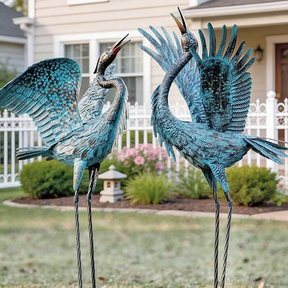 Natelf Garden Crane Sculptures & Statues, Blue Heron Decor Outdoor Large Bird Yard Art, Standing Metal Herons Lawn Ornaments for Home Patio Porch Backyard Decorations(Set of 2)