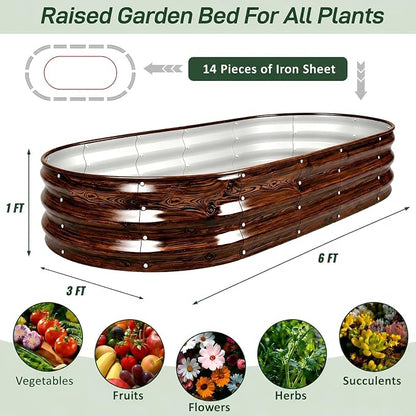 Galvanized Raised Garden Bed, 6x3x1 FT Galvanized Steel Metal Raised Garden Bed, Oval Open-Bottom Design, 12-Inch Deep for Outdoor Vegetable & Herb Gardening, Fruit Wood Grain, 2 Packs