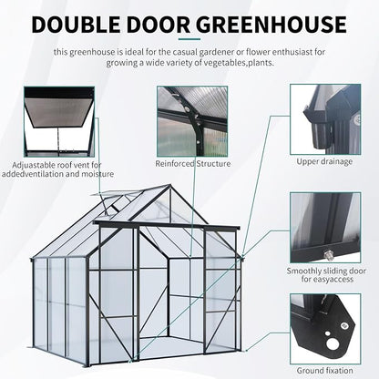 8x6 FT Greenhouse, Walk-in Polycarbonate Greenhouses with Double Sliding Doors, Aluminum Frame, Adjustable Roof Vent, Raised Base & Anchor, Outdoor Backyard Greenhouse for All Seasons, Black