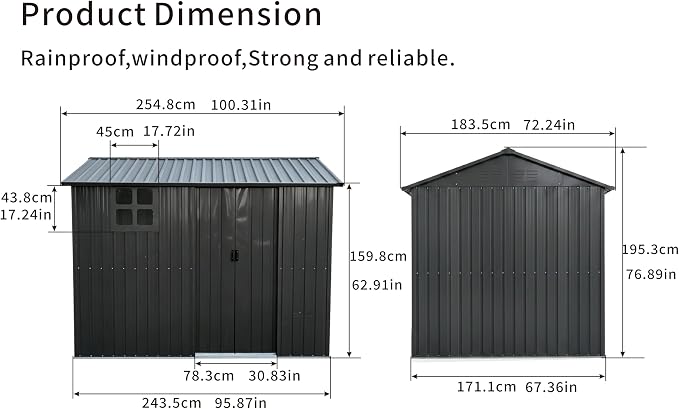 8x6 FT Outdoor Storage Shed,Galvanized Steel Heavy Duty Metal Tool Shed with Window & Vents,Sliding Door,Weatherproof Utility Shed for Backyard Patio Lawn,Black