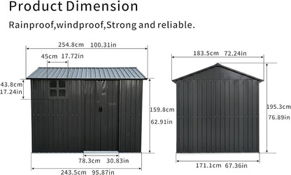 8x6 FT Outdoor Storage Shed,Galvanized Steel Heavy Duty Metal Tool Shed with Window & Vents,Sliding Door,Weatherproof Utility Shed for Backyard Patio Lawn,Black