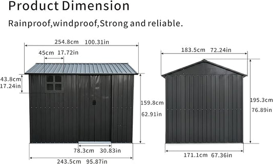 8x6 FT Outdoor Storage Shed,Galvanized Steel Heavy Duty Metal Tool Shed with Window & Vents,Sliding Door,Weatherproof Utility Shed for Backyard Patio Lawn,Black