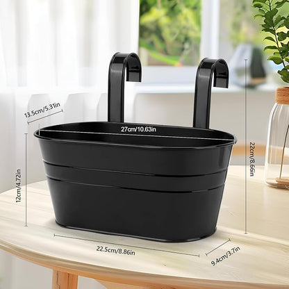 RIOGOO Flower Pots Metal Iron Hanging Flower Pots Garden Pots Balcony Planters Metal Bucket Flower Holder Wall Hanging Decorative Pot - Removable Hook (4 Pieces) (Black)
