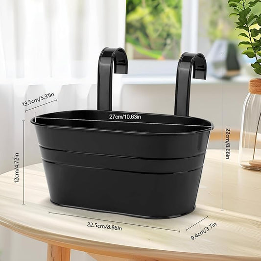 RIOGOO Flower Pots Metal Iron Hanging Flower Pots Garden Pots Balcony Planters Metal Bucket Flower Holder Wall Hanging Decorative Pot - Removable Hook (4 Pieces) (Black)