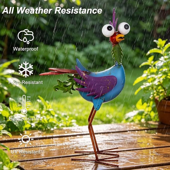 Metal Wacky Rooster Garden Statue for Patio, Backyard, Lawn | 17'' Rooster Decor, Yard Statue Decorations Outdoor, Chicken Yard Art, Blue & Purple