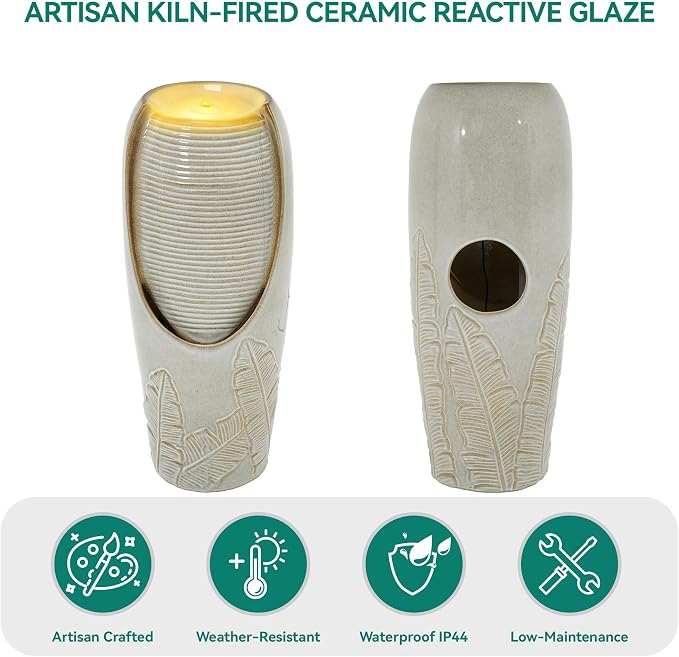 Autodaya 32"H Jar Ceramic Outdoor Water Fountain, Sand Beige Foilage Design | Artisan high-fired ceramic, warm LED ambient lighting, upgraded pump, soothing cascading water feature for garden patio yard