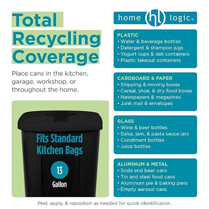 Home Logic Recycling Bin System, 3 Pack Waste Sorting Containers with Stickers, Plastic Trash Cans for Kitchen Garage Home Recycling Organization, 13 Gallon, Black