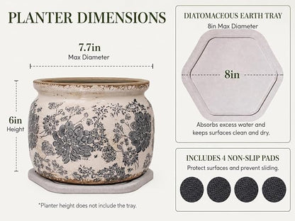 Rustic Ceramic Plant Pot with Decorative Saucer, Gifts for Plant Lovers | 7.7" Large Indoor Flower Pot, Handmade Vintage Crackled Glaze Planter, Farmhouse Country Home Decor, Gardening Gifts