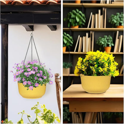 RooTrimmer Hanging Planters 9/10/11 Inch for Indoor Plants, 3 Pack Plant Hanger Outdoor with Drainage Holes, Self Watering Hanging Basket Flower Pot for Garden Home Decor, Yellow