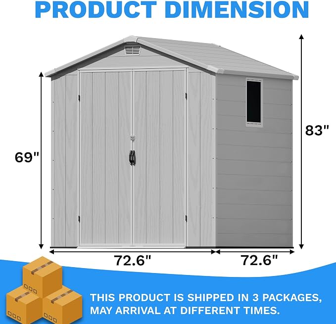 Greesum 6x6FT Plastic Outdoor Storage Shed with Floor, Resin Sheds with Lockable Double Door, Tool Sheds with Window and Vents, for Garden, Yard, Patio, Light Gray