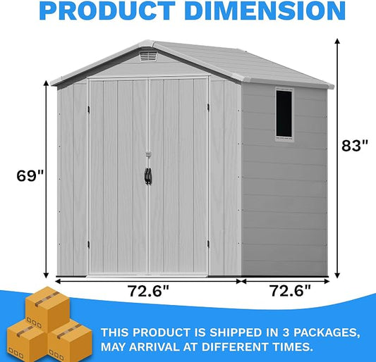 Greesum 6x6FT Plastic Outdoor Storage Shed with Floor, Resin Sheds with Lockable Double Door, Tool Sheds with Window and Vents, for Garden, Yard, Patio, Light Gray