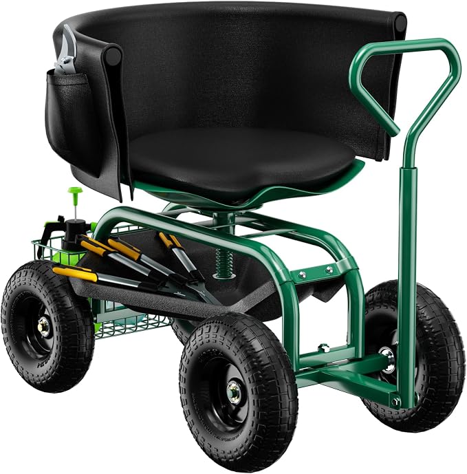 Baotree Garden Seat with Wheels, Rolling Garden Stool with Adjustable 360°Swivel Seat, Storage Basket & Extendable Handle, Outdoor Gardening Scooter, Garden Cart Workseat Stools for Seniors