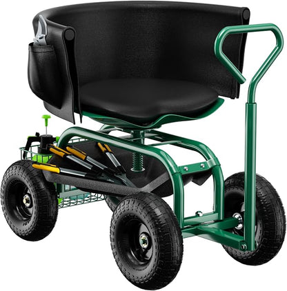 Baotree Garden Seat with Wheels, Rolling Garden Stool with Adjustable 360°Swivel Seat, Storage Basket & Extendable Handle, Outdoor Gardening Scooter, Garden Cart Workseat Stools for Seniors