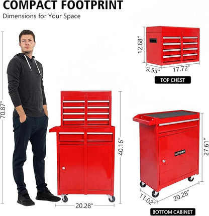 5-Drawer Tool Chest, Detachable Top Box for Garage,Red | Rolling Mobile Storage Cabinet Organizer with Lockable Wheels for Workshop Utility, Heavy Duty Metal Construction