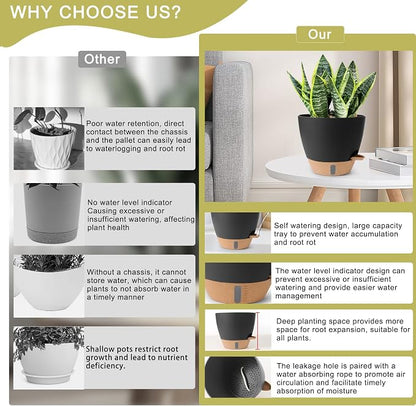Self Watering Pots for Indoor Plants, 3 Pack 12/10/8 Inch, Large Planter with Water Reservoir, Modern Decorative Flower Pots for Home & Office Black