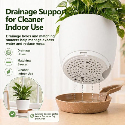 Plant Pots for Indoor 9/8/7/6.5/6/5 Inch, Self Watering Planter Pots with Drainage Holes and Saucers, 6Pcs Plastic Flower Pots for Indoor & Outdoor Plants（White）