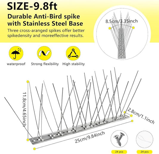 Bird Spikes,12Pcs,Stainless Steel Spikes with Base,Keep Woodpeckers Pigeon Raccoons Away,Anti Climb Spikes for Graden Patio Fence,9.84Ft