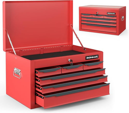 Goplus Tool Box, 24” Steel Tool Chest w/6 Drawers, Top Tool Tray,Automatic Lock, Protective Liners, Handle, Smooth Ball Bearing Sides, Portable Tool Storage Organizer, Toolbox for Garage Workshop