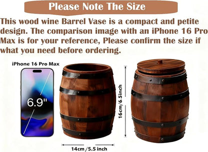 Wood Wine Barrel Vase 6" x 5" – Mini Barrel Rustic Wooden Flower Vase Planter for Wedding Reception, Party Table Decoration,Home Indoor Outdoor Garden, Kitchen,Planting (1)