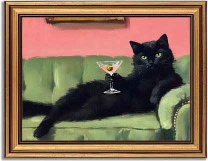 Devunaty Vintage Gold Framed Black Cat Martini Wall Art, Cocktail Bar Cart Wall Decor, Funny Cat On Green Sofa Canvas Print, Eclectic Whimsical Painting Picture For Bedroom Living Room Decor 16"x24"