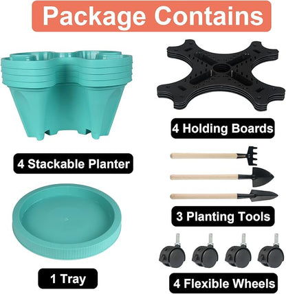 GameXcel Vertical Planter Tower - 4 Tier Stackable Garden Planters with Wheels and Tools Plant Pots for Strawberry Herb Flower and Vegetable Indoor Outdoor Use Teal