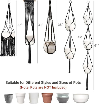 Mkono Macrame Plant Hangers, 5 Pack Different Tiers Indoor Hanging Planters Basket with 5 Hooks Decorative Flower Pots Holder Stand Boho Home Decor, Black