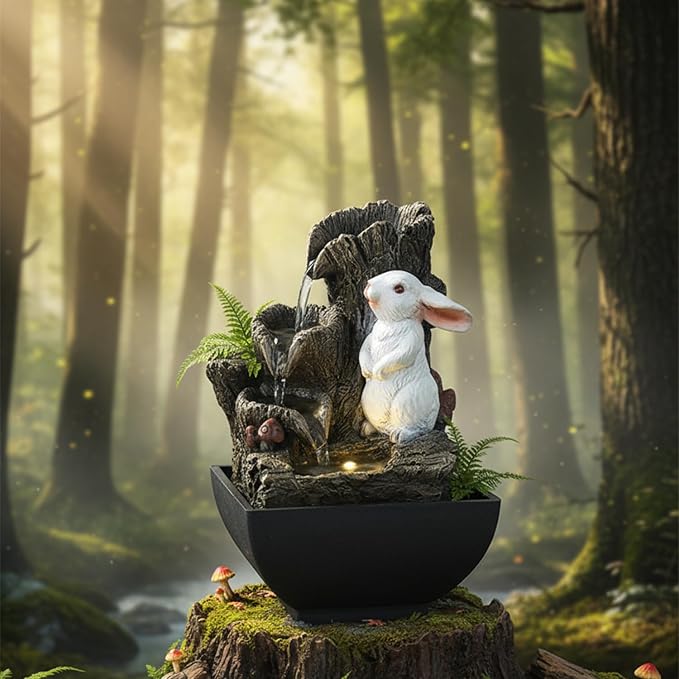 Cascading Rock Tabletop Fountain, Cute Indoor Waterfall Fountain with Colored LED Lights and Rolling Ball, 3 Tiered Desktop Fountain for Office Home Bedroom (Rabbit)