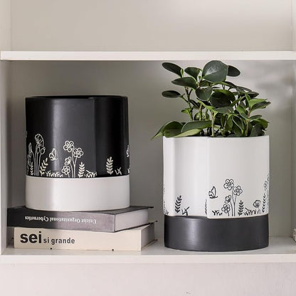 Nihow Self Watering Pots for Indoor Plants,8 Inch,White,Hand Painting | Ceramic Planter, Drainage Hole & Water Storage Plus, Cylinder Round Flower Pot, For Succulent/Herbs/Violets