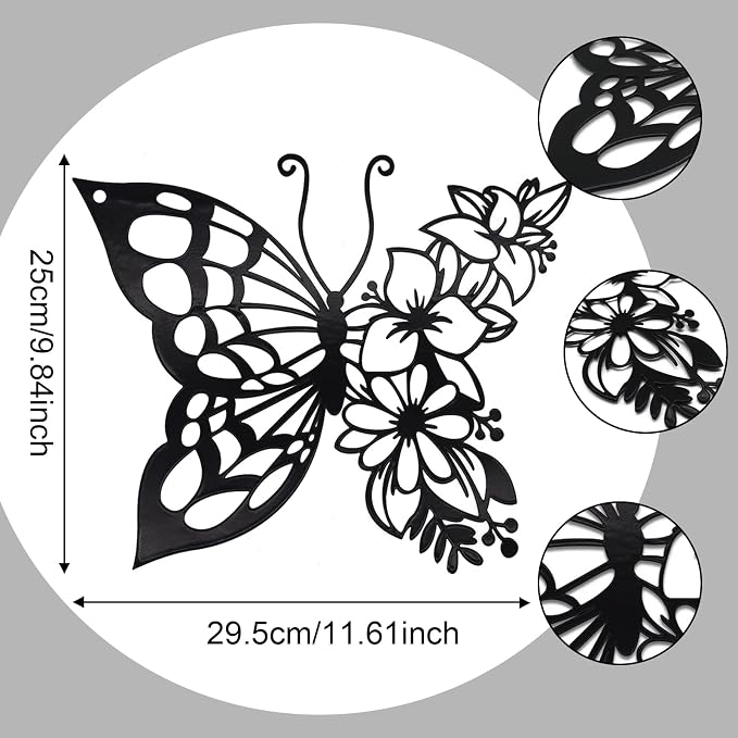 EZ4ENCE Butterfly Decoration Wall Art, Metal Hanging, Wall Home Decor, Boho, Nature Themed, Bohemian Style, for Bedroom Living Room Home Wall, Black, Large