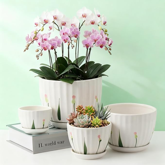 4 Pack Ceramic Orchid Pots with Drainage Holes and Tray 3.35+4.33+5.51+6.61 Inch Ceramic Plant Pot White Garden Planter for Indoor Outdoor Home Decor Gifts for Plant Lovers