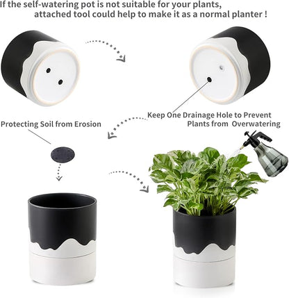 Nihow Ceramic Self Watering Plant Pot for Indoor Plants,6 Inch,Black White | Planter with Cotton Wick, Drainage Hole & Water Storage Plus, Cylinder Round Flower Pot, For Succulent/Herbs/Violets