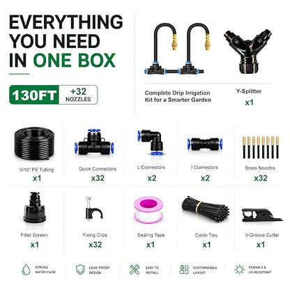 5/16" Drip Irrigation System 130 ft with 32-Pcs 360° Adjustable Copper Nozzles, Automatic Misting Watering System for Garden, Raised Beds, Greenhouse (130ft+32 nozzles)