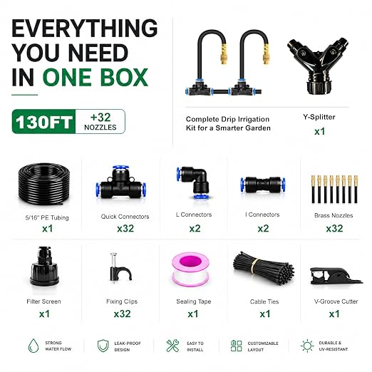 5/16" Drip Irrigation System 130 ft with 32-Pcs 360° Adjustable Copper Nozzles, Automatic Misting Watering System for Garden, Raised Beds, Greenhouse (130ft+32 nozzles)