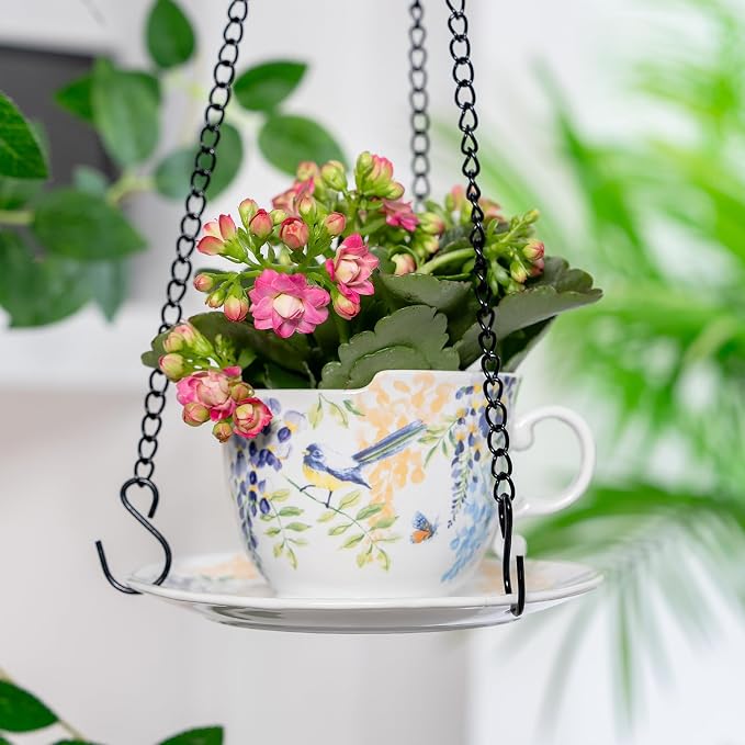TEATALK Hanging Planters for Indoor Plants, Ceramic Pots with Drainage Hole, 4 Inch Hanging Planter with Chain, Outdoor Hanging Baskets for Plants, Birds & Flowers, Cup Shape