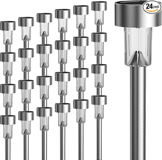 GIGALUMI 24 Pack Solar Lights Outdoor Waterproof,Stainless Steel LED Solar Garden Lights, Solar Pathway Lights Outdoor, Outdoor Solar Lights for Yard, Patio, Lawn and Landscape(Warm White)