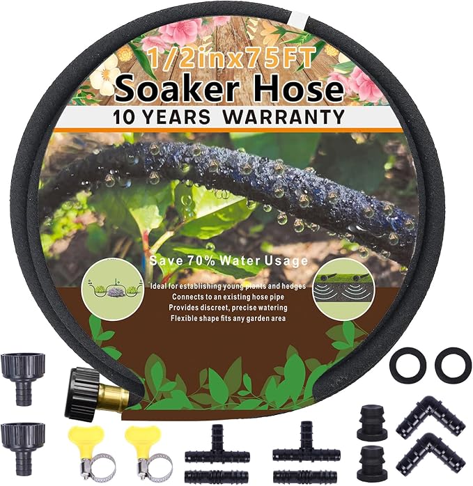 1/2'' Soaker Hose 75 Ft for Garden Beds, Garden Soaker Hose Drip Irrigation System