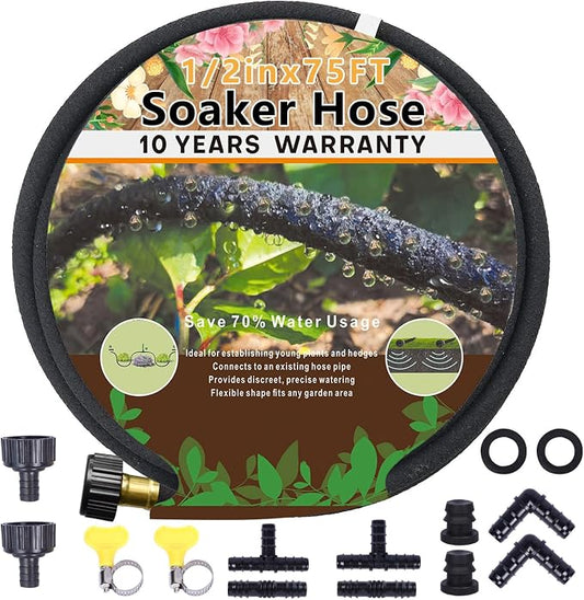 1/2'' Soaker Hose 75 Ft for Garden Beds, Garden Soaker Hose Drip Irrigation System